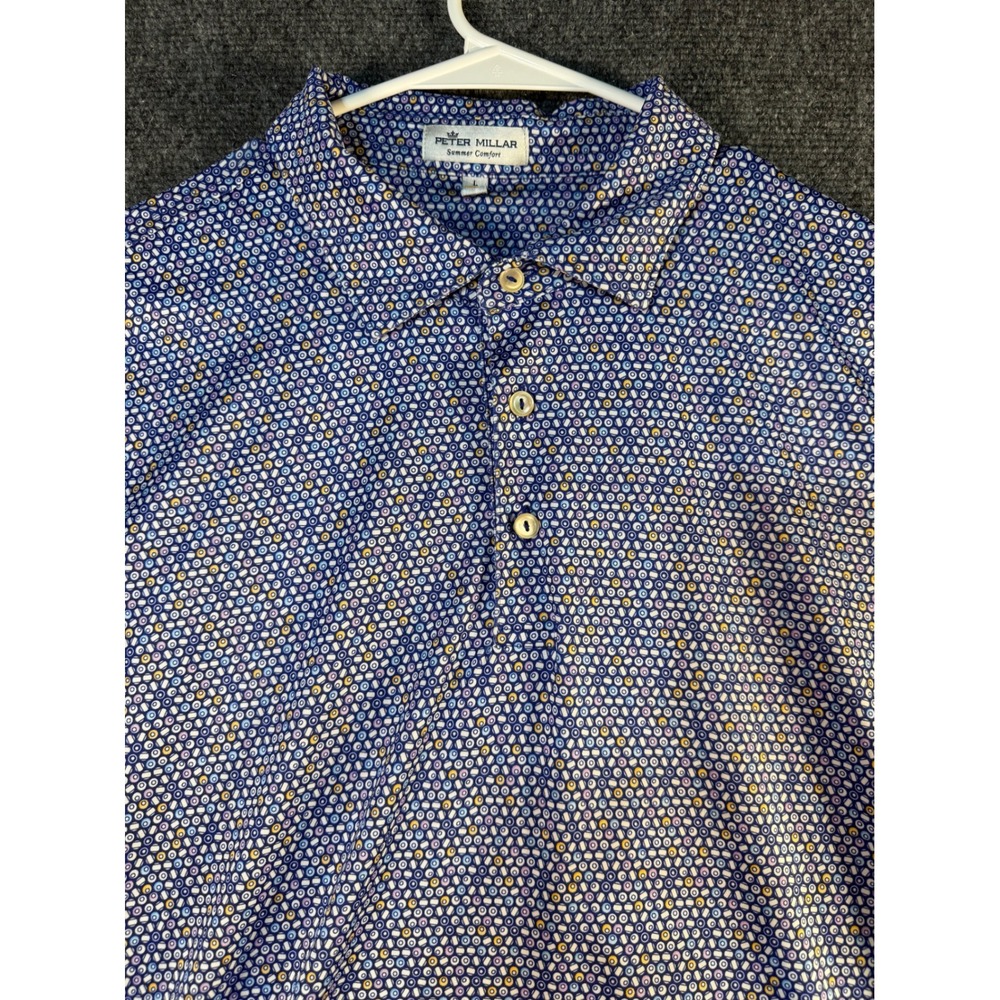 Peter Millar Summer Comfort Mens Large Blue Geometric Circle‎ Print Button Down